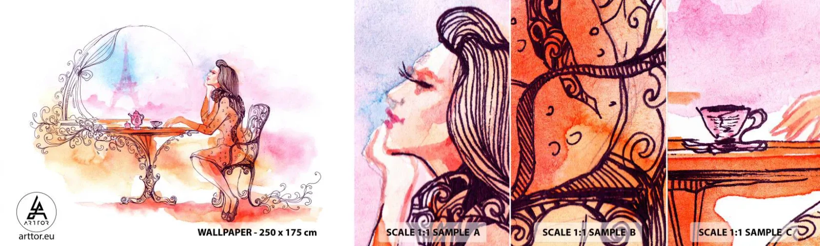 Fototapeta Vzorek Standard Eco - Pařížská elegance - Paříž, Žena, Eiffelova věž - 100x30 cm