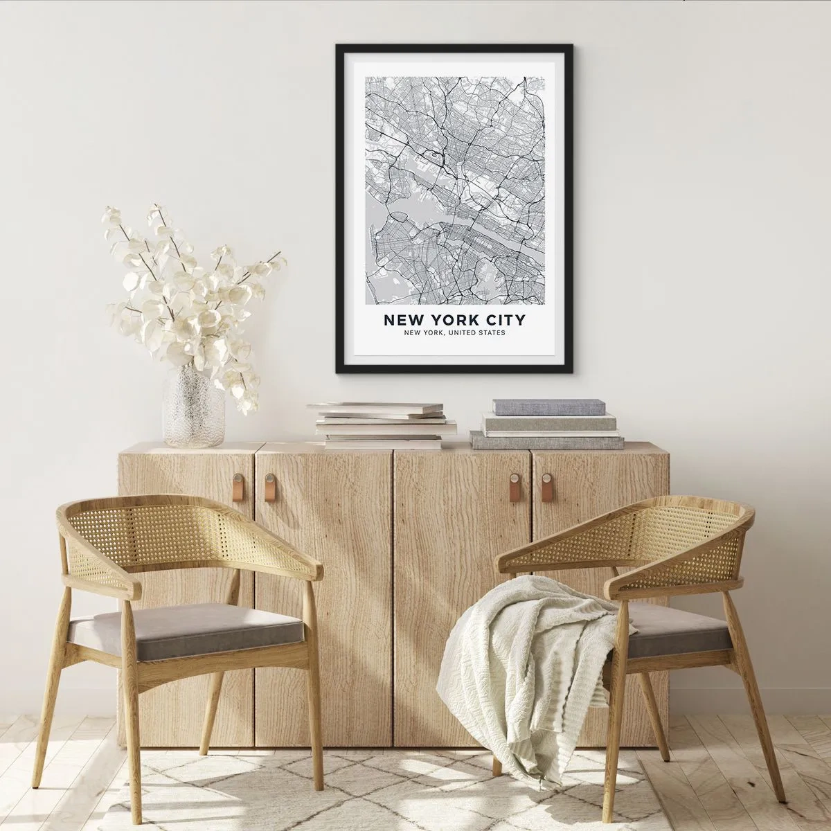 Plakát v černém rámu - Minimalistická mapa New Yorku - 50x70cm - Anatomie metropole - Moderní nástěnná dekorace do obývacího pokoje a ložnice ARTTOR