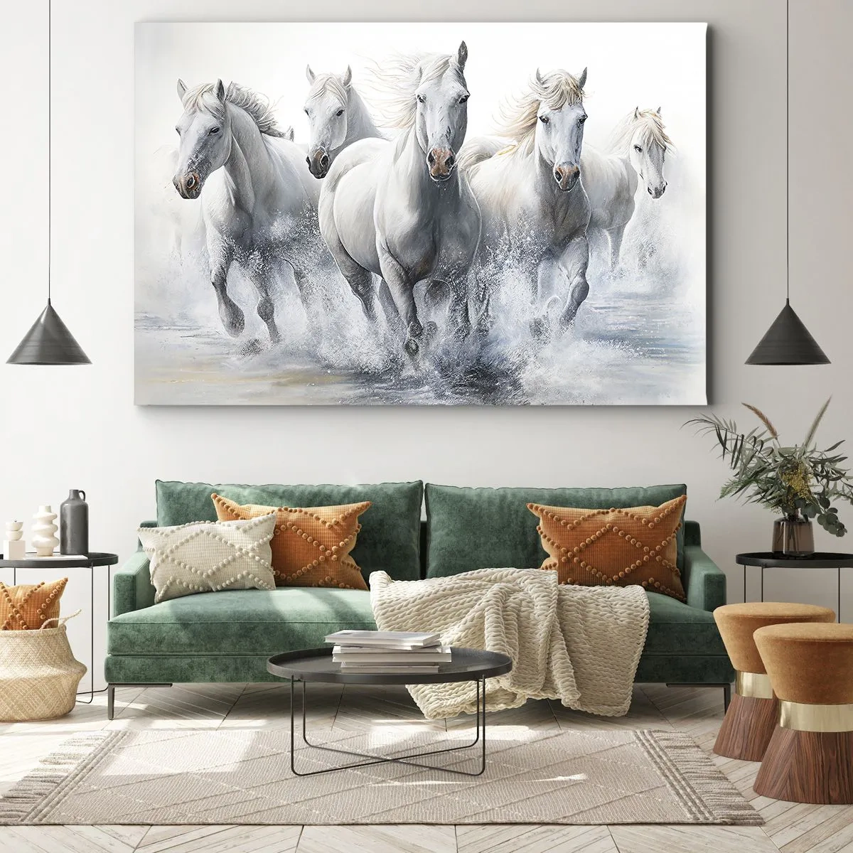 Obraz na plátně - Bílí koně cválající po vodě - 70x50cm - Bílá magie - Moderní nástěnná dekorace do obývacího pokoje a ložnice ARTTOR