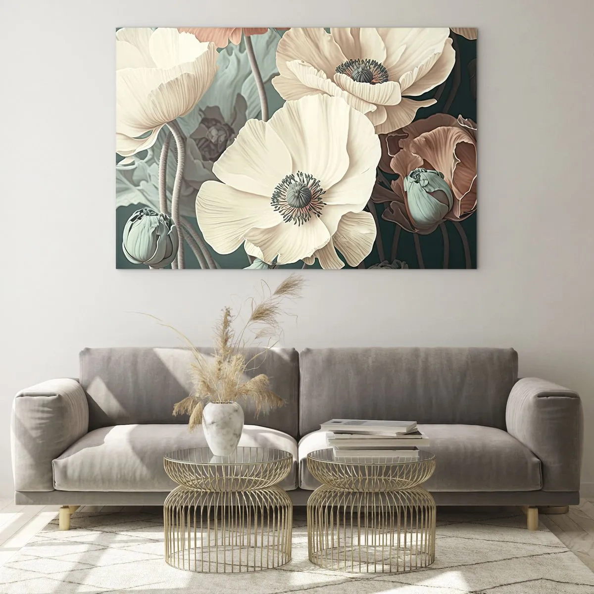 Obraz na skle - Jemný krém a lososový mák na tmavém pozadí - 70x50cm - Šepot máků - Moderní nástěnná dekorace do obývacího pokoje a ložnice ARTTOR