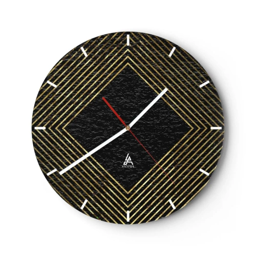 Nástěnné hodiny - Zlaté čáry tvořící kosočtverec na černém pozadí - 30x30cm - Geometrie ve stylu glamour - Moderní nástěnná dekorace do obývacího pokoje, kuchyně a ložnice ARTTOR