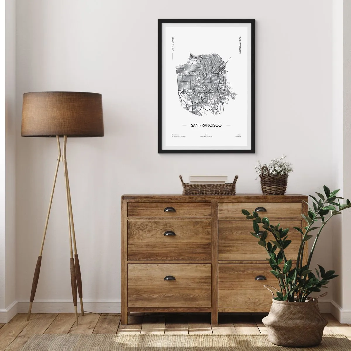 Plakát v černém rámu - Minimalistická mapa San Francisca v černé a bílé barvě. - 50x70cm - Anatomie San Francisca - Moderní nástěnná dekorace do obývacího pokoje a ložnice ARTTOR