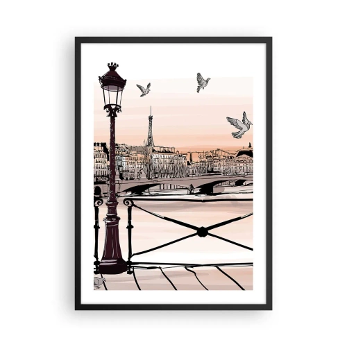 Plakát v černém rámu - Ilustrace Paříže při západu slunce s lucernou a mostem - 50x70cm - Nad střechami Paříže - Moderní nástěnná dekorace do obývacího pokoje a ložnice ARTTOR