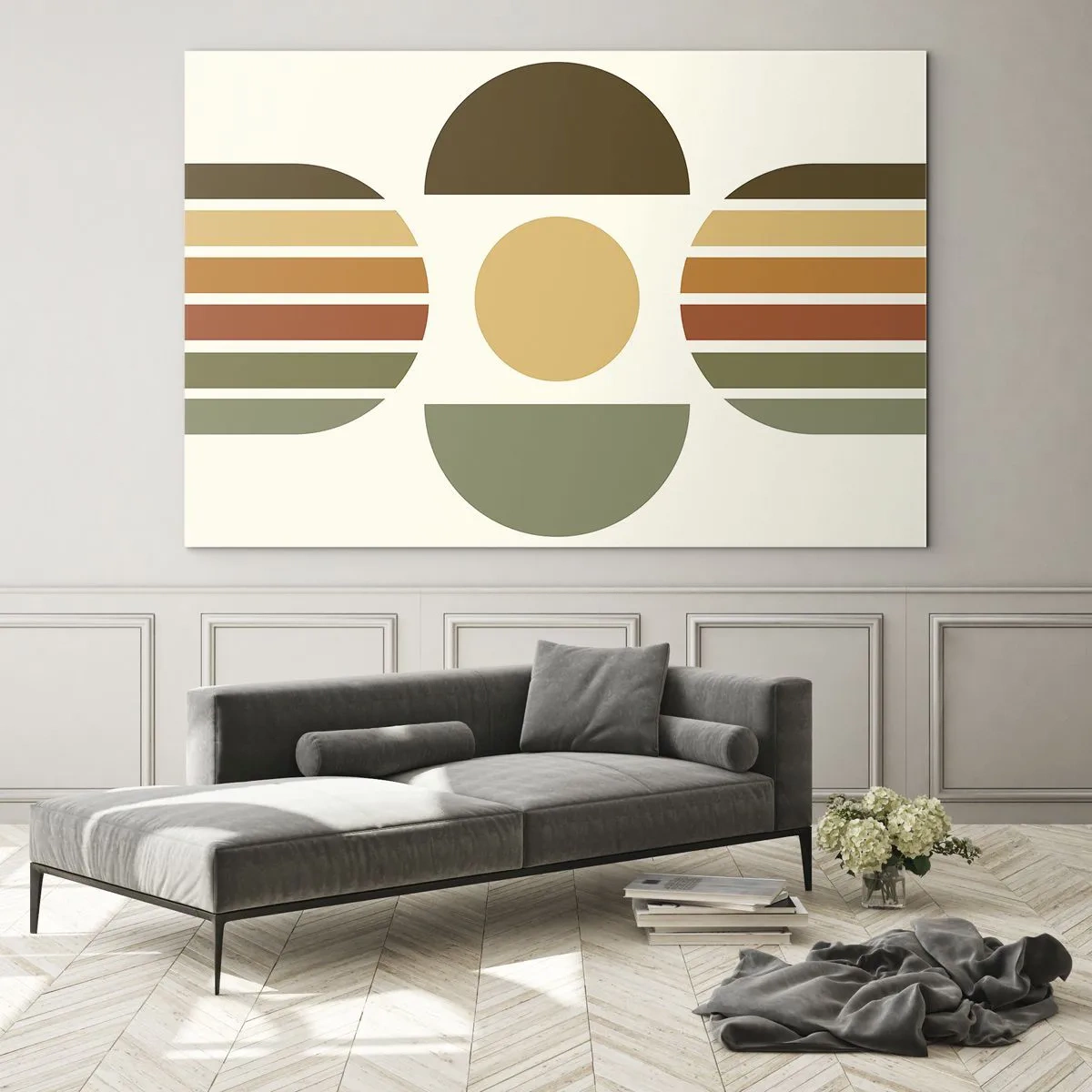Obraz na skle - Abstraktní geometrický design se zemitými tóny a výraznými tvary - 70x50cm - V barvách země - Moderní nástěnná dekorace do obývacího pokoje a ložnice ARTTOR