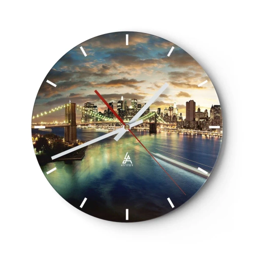 Nástěnné hodiny - Panorama New Yorku za soumraku s Brooklynským mostem - 30x30cm - Zářivý večer nad Manhattanem - Moderní nástěnná dekorace do obývacího pokoje, kuchyně a ložnice ARTTOR