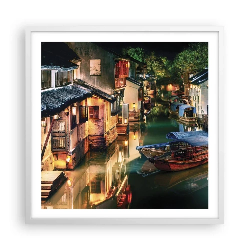 Plakát v bílém rámu - Večer na čínské ulici - 60x60 cm