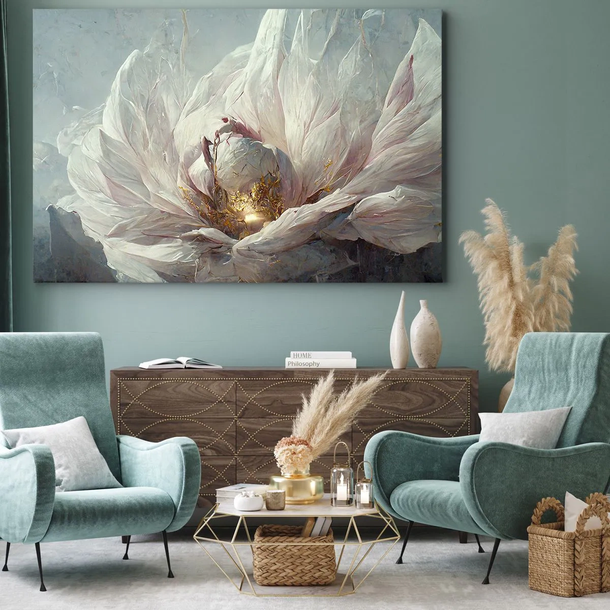 Obraz na plátně - Jemný bílý květ s jemnými zlatými akcenty - 70x50cm - Rozkvétá jednou za sto let - Moderní nástěnná dekorace do obývacího pokoje a ložnice ARTTOR