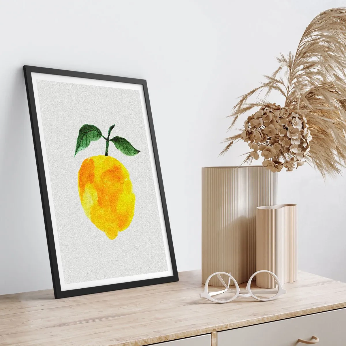 Plakát v černém rámu - Akvarelová ilustrace citronu s listy na světlém pozadí - 50x70cm - Jak poznat chuť slunce - Moderní nástěnná dekorace do obývacího pokoje a ložnice ARTTOR