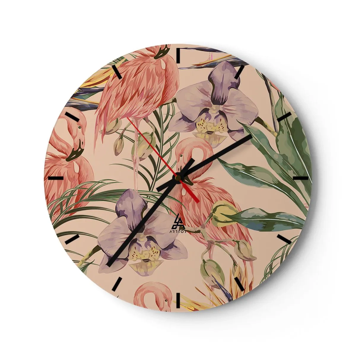Nástěnné hodiny - Plameňáci a květiny na béžovém pozadí - 30x30cm - Růžový balet v květech - Moderní nástěnná dekorace do obývacího pokoje, kuchyně a ložnice ARTTOR