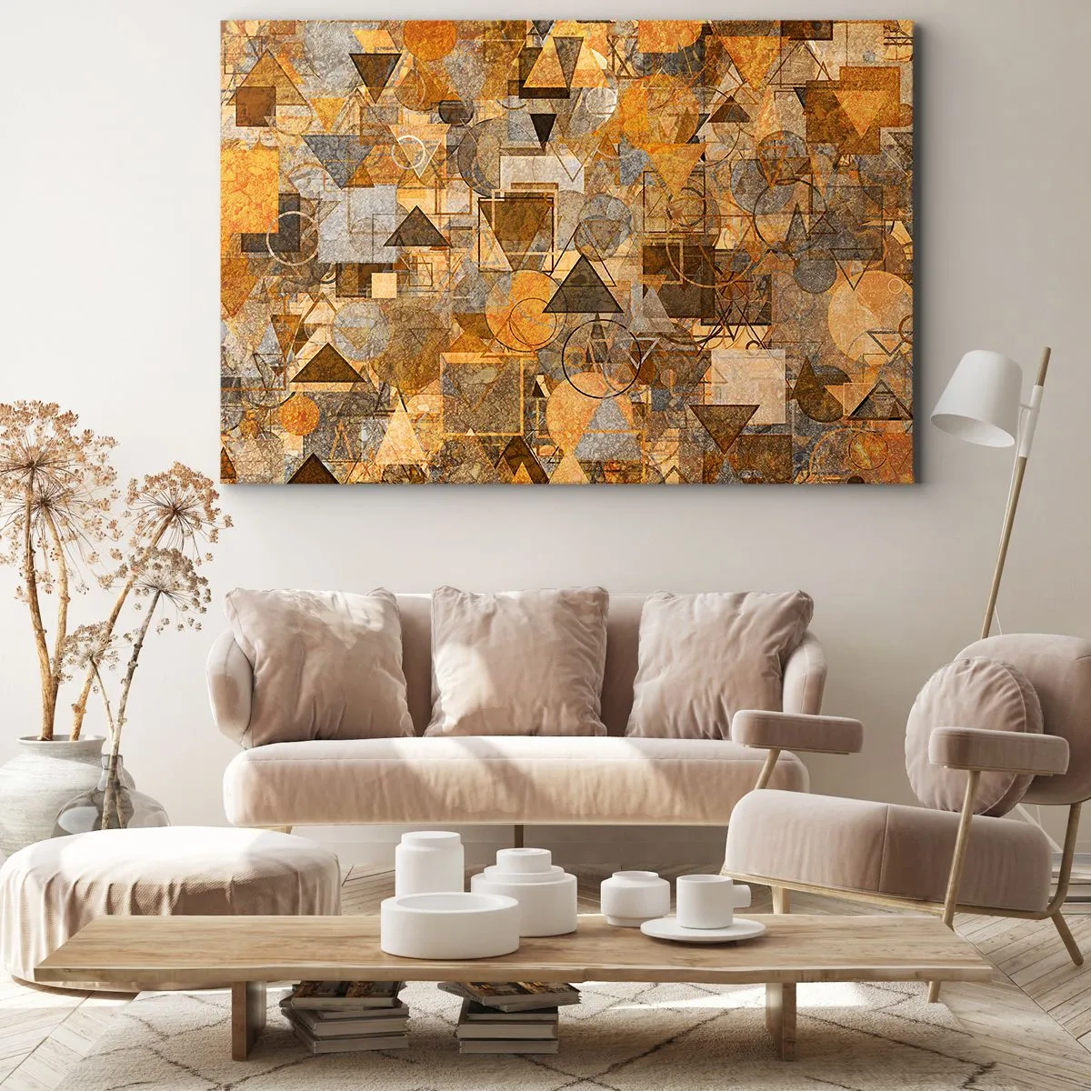 Obraz na plátně - Abstraktní geometrické vzory v odstínech zlaté - 70x50cm - Svět zachycený v podobě - Moderní nástěnná dekorace do obývacího pokoje a ložnice ARTTOR