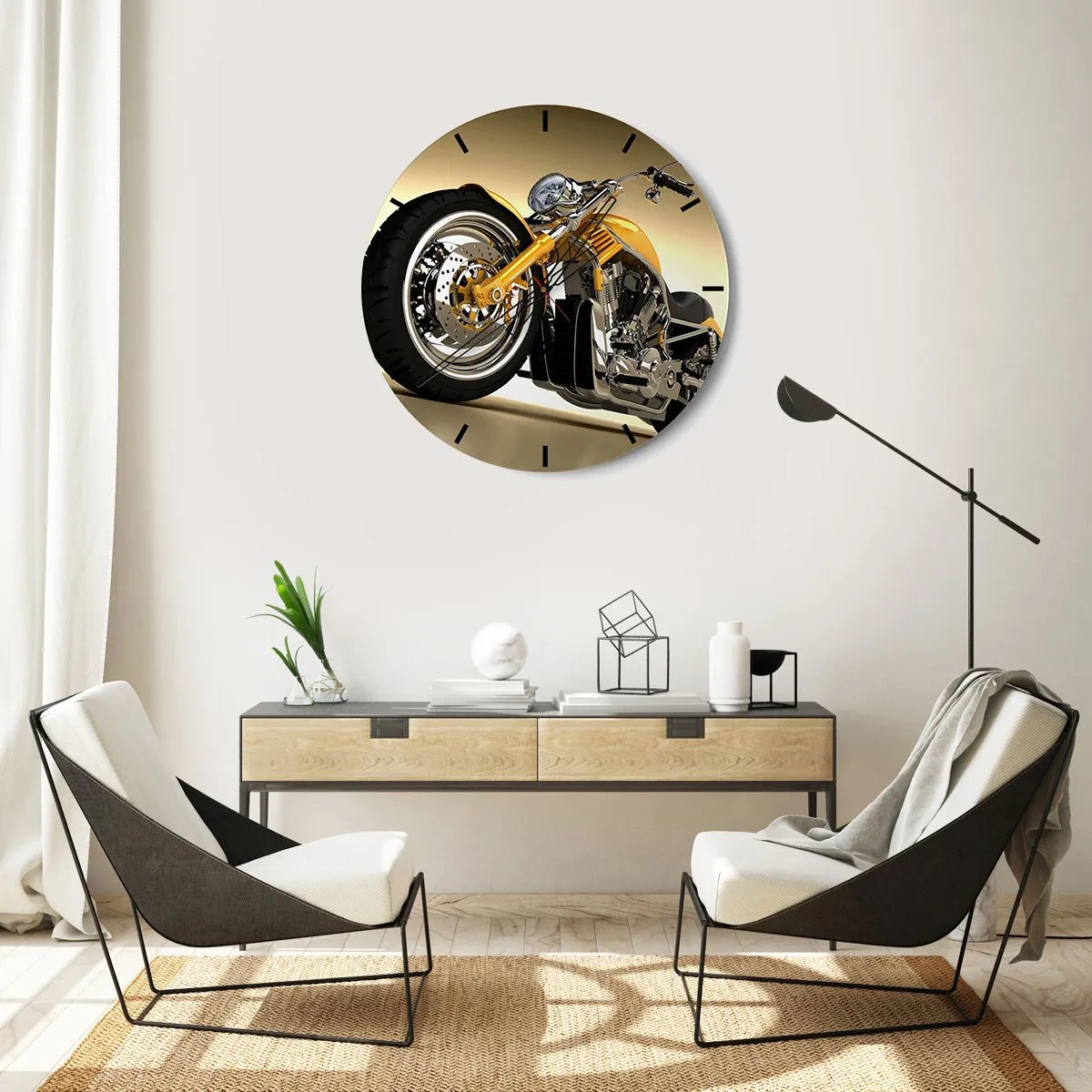 Nástěnné hodiny - Stylový motocykl v odstínech zlaté a chromové - 30x30cm - Sen o síle a rychlosti - Moderní nástěnná dekorace do obývacího pokoje, kuchyně a ložnice ARTTOR