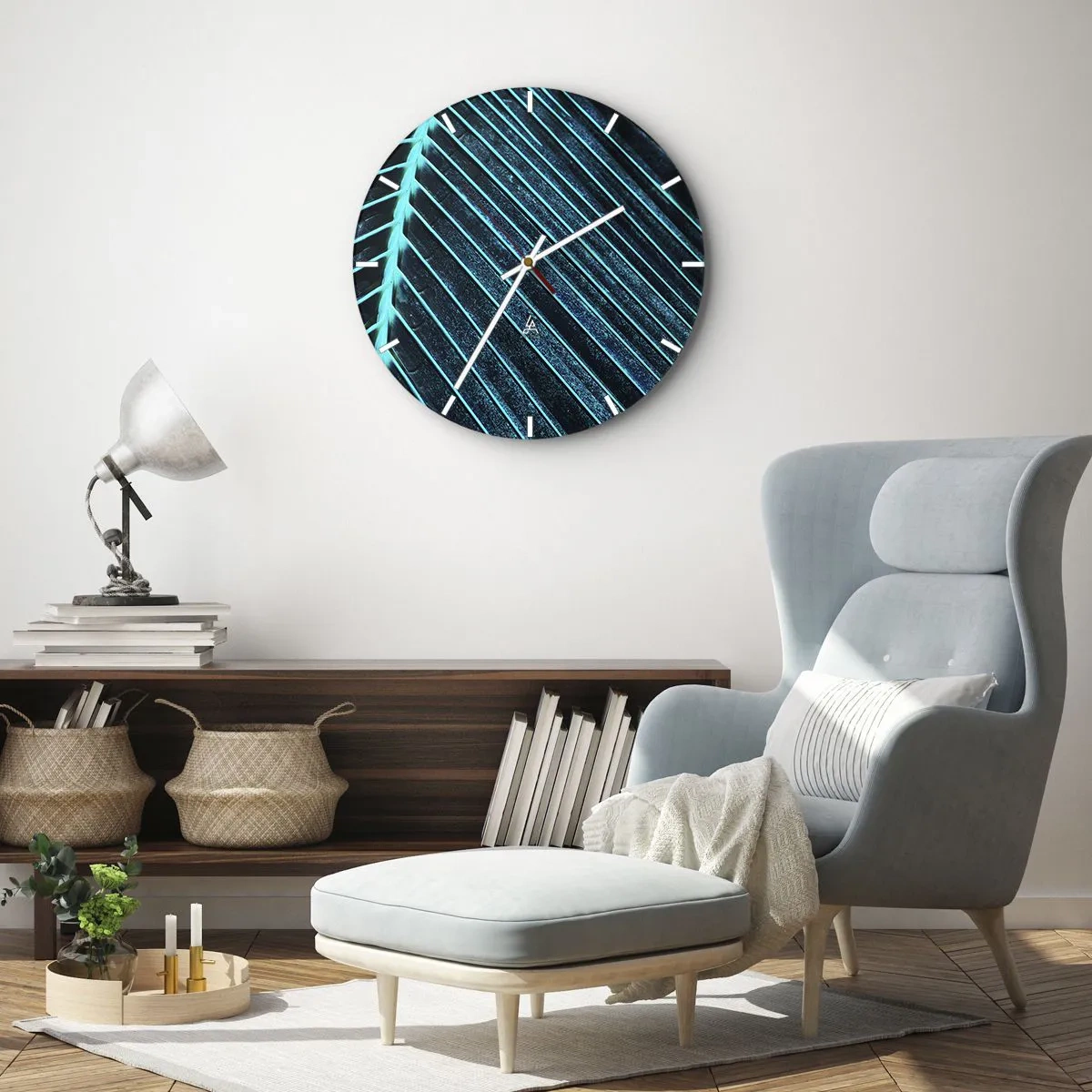 Nástěnné hodiny - Detailní záběr palmového listu v odstínech zelené a tyrkysové. - 30x30cm - Textura zeleně - Moderní nástěnná dekorace do obývacího pokoje, kuchyně a ložnice ARTTOR