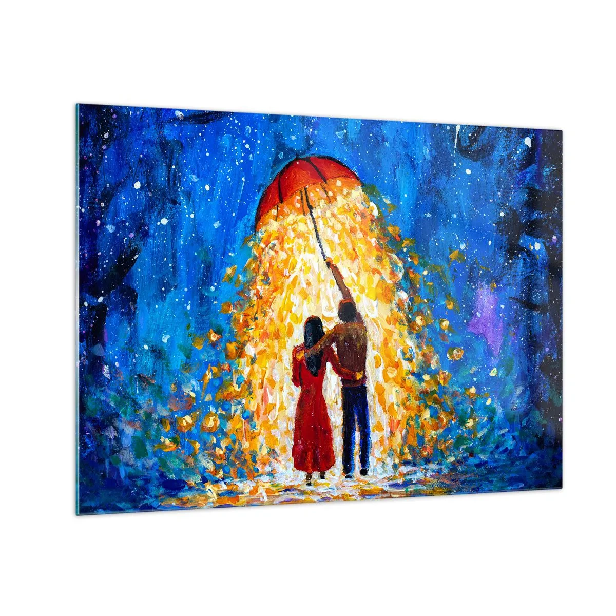 Obraz na skle - Pár pod deštníkem obklopený zlatým světlem proti noční obloze - 70x50cm - Magie deštivého večera? - Moderní nástěnná dekorace do obývacího pokoje a ložnice ARTTOR