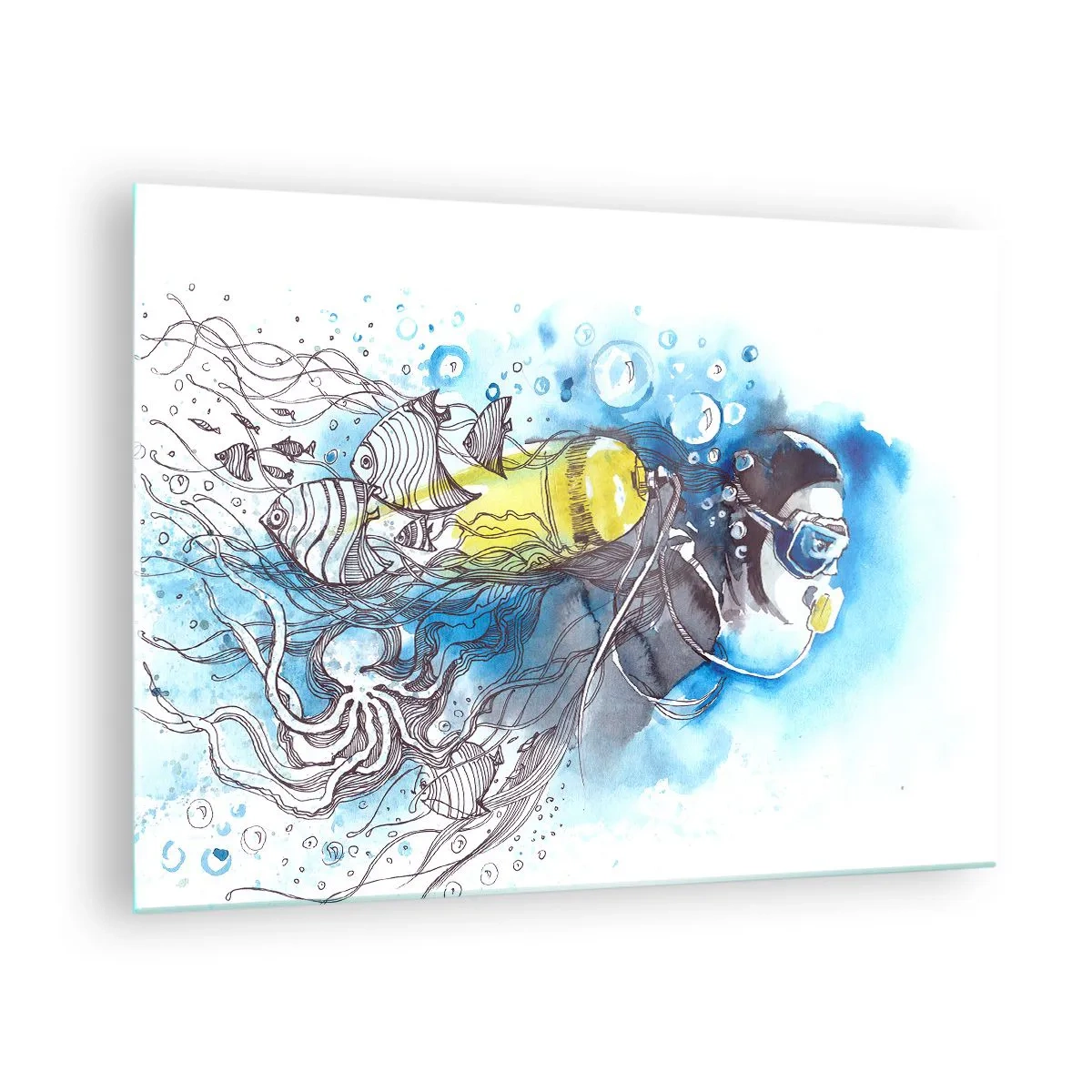 Obraz na skle - Potápěč pod vodou s rybami v uměleckém akvarelu - 70x50cm - Velká modř - Moderní nástěnná dekorace do obývacího pokoje a ložnice ARTTOR