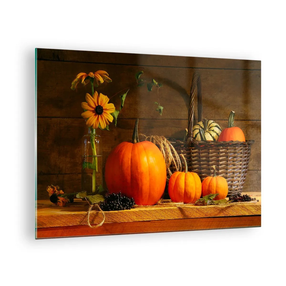 Obraz na skle - Podzimní zátiší s dýněmi a květinami - 70x50cm - Rustikální kompozice - dary podzimu - Moderní nástěnná dekorace do obývacího pokoje a ložnice ARTTOR
