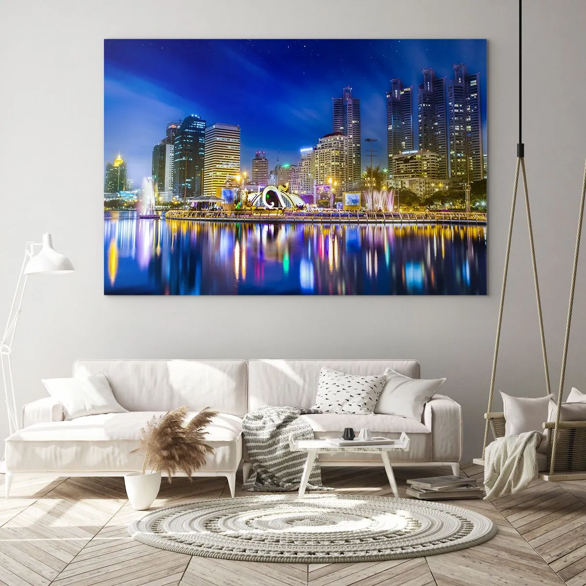 Obraz na skle - Panorama města v noci se světly odrážejícími se ve vodě - 70x50cm - Duhová noc metropole - Moderní nástěnná dekorace do obývacího pokoje a ložnice ARTTOR