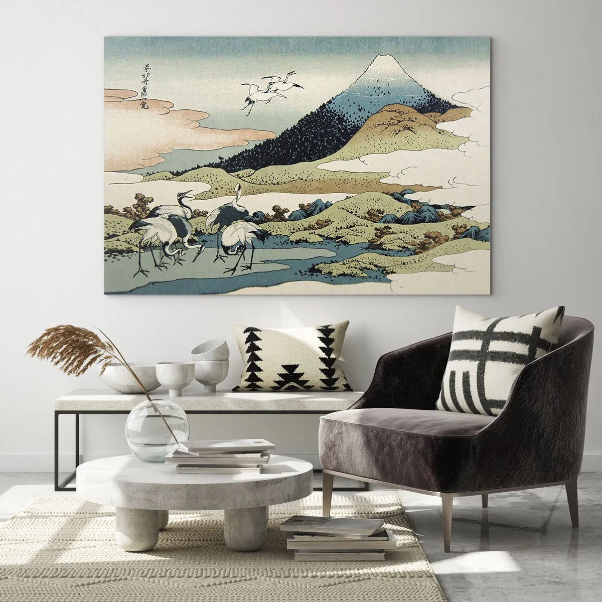 Obraz na skle - Obraz ptáků v japonské krajině s výhledem na horu Fudži. - 70x50cm - V japonském duchu - Moderní nástěnná dekorace do obývacího pokoje a ložnice ARTTOR