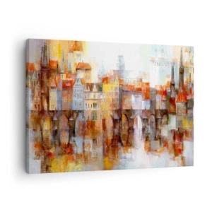 Obraz na plátně - Malebné panorama města s mostem v podzimních barvách - 70x50cm - Pod mostem je taky krásně - Moderní nástěnná dekorace do obývacího pokoje a ložnice ARTTOR