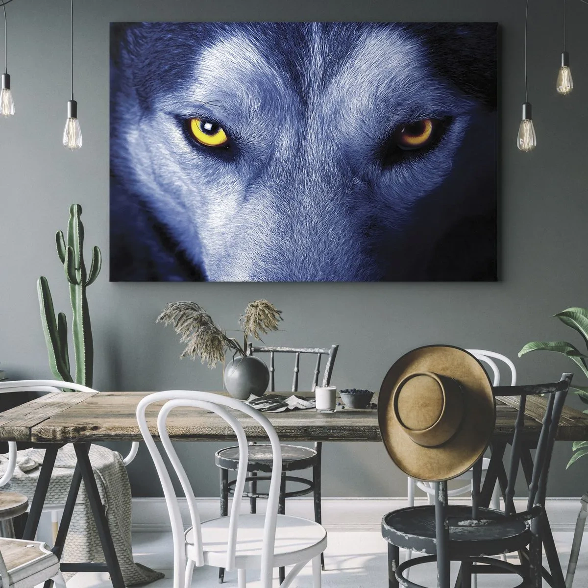 Obraz na plátně - Detailní záběr na intenzivní pohled vlka na tmavém pozadí - 70x50cm - Fascinující pohled - Moderní nástěnná dekorace do obývacího pokoje a ložnice ARTTOR