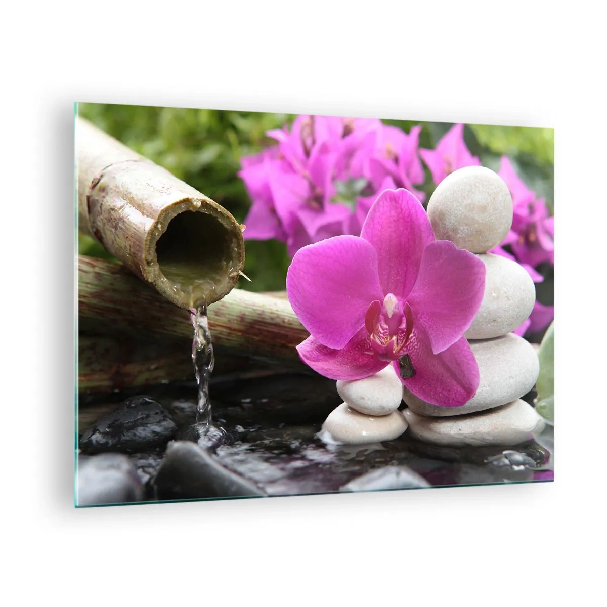 Obraz na skle - Fialová orchidej, kameny a bambusový vodopád - 70x50cm - Už odpočíváš - Moderní nástěnná dekorace do obývacího pokoje a ložnice ARTTOR