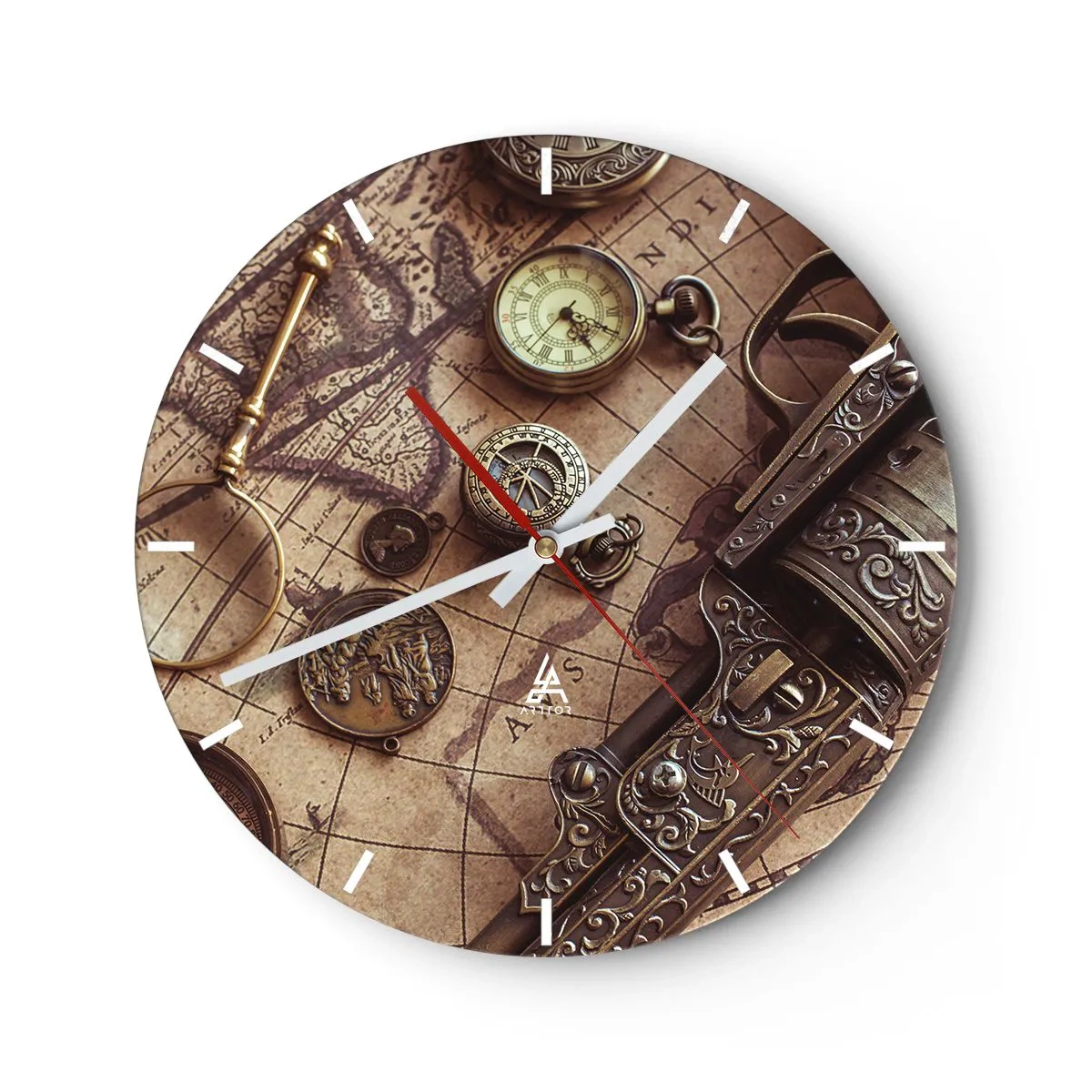Nástěnné hodiny - Stylizovaná mapa s kompasem, mincemi a zdobenými zbraněmi. - 30x30cm - Dobrodružství volá - Moderní nástěnná dekorace do obývacího pokoje, kuchyně a ložnice ARTTOR