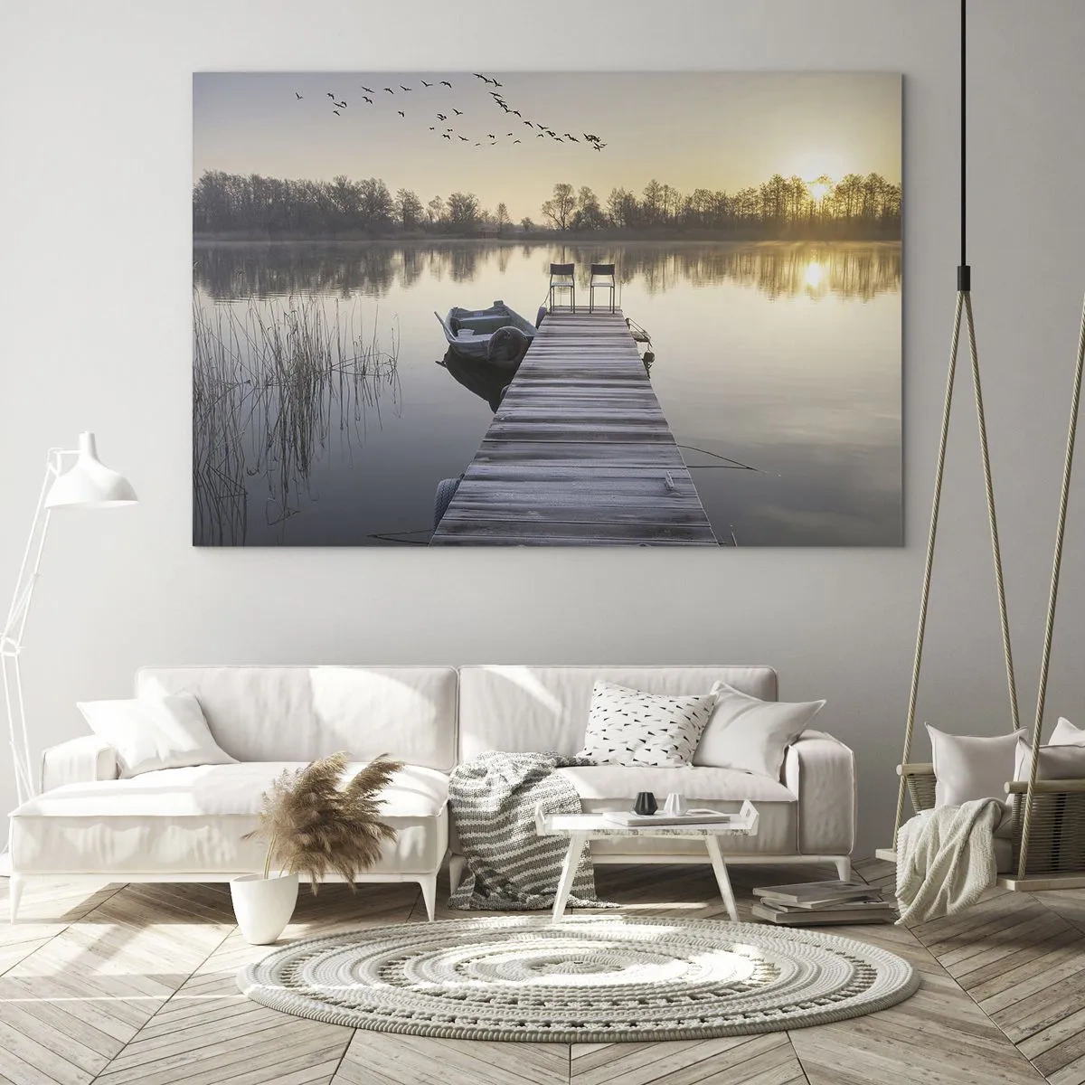 Obraz na skle - Ráno u jezera s molem - 70x50cm - Časem se vrátím - Moderní nástěnná dekorace do obývacího pokoje a ložnice ARTTOR