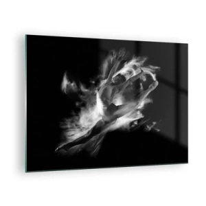 Obraz na skle - Černá a bílá silueta tanečnice v dynamickém pohybu - 70x50cm - Zastaven za letu - Moderní nástěnná dekorace do obývacího pokoje a ložnice ARTTOR