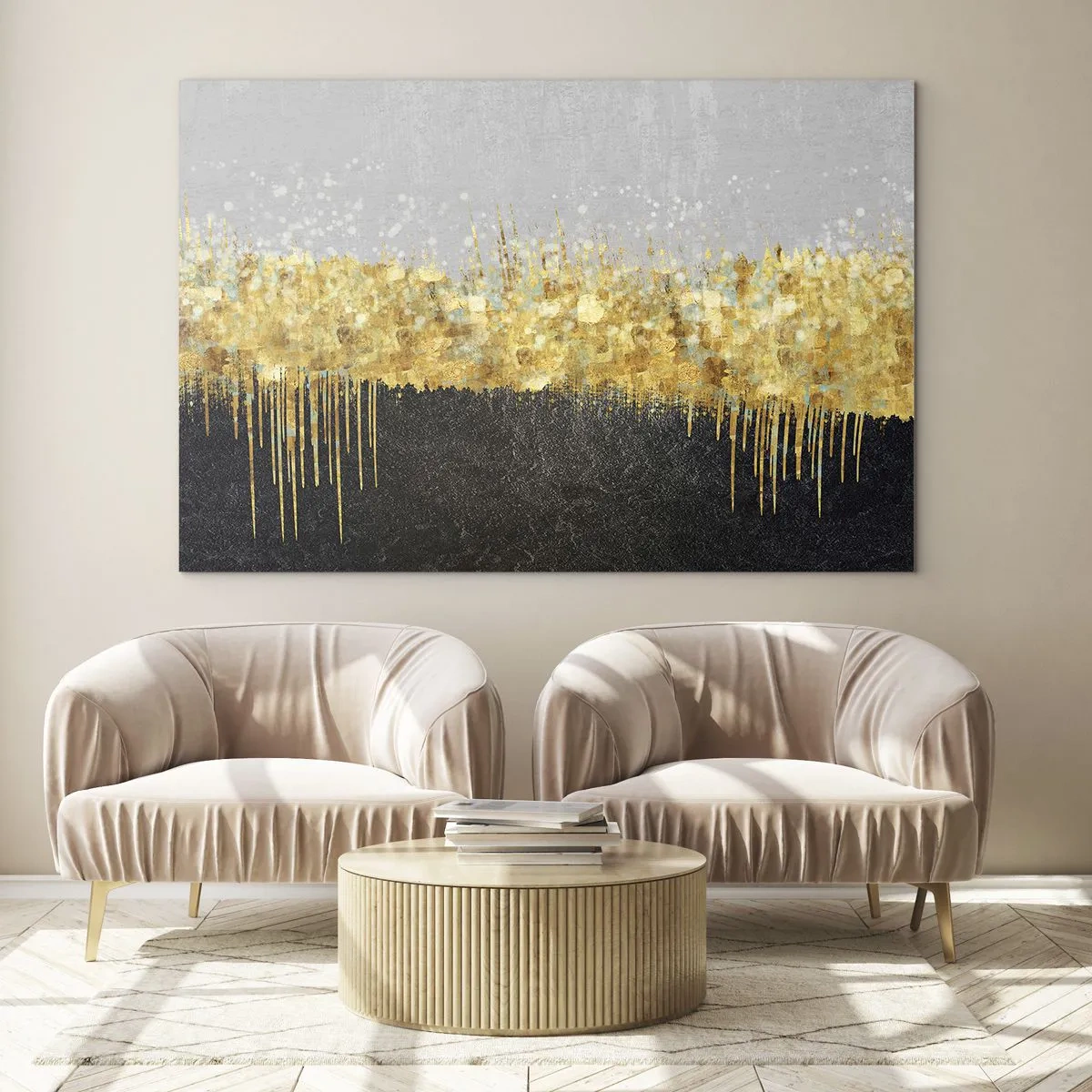 Obraz na skle - Zlatá abstrakce s kontrastem černé a šedé - 70x50cm - Dovnitř a vzhůru - Moderní nástěnná dekorace do obývacího pokoje a ložnice ARTTOR