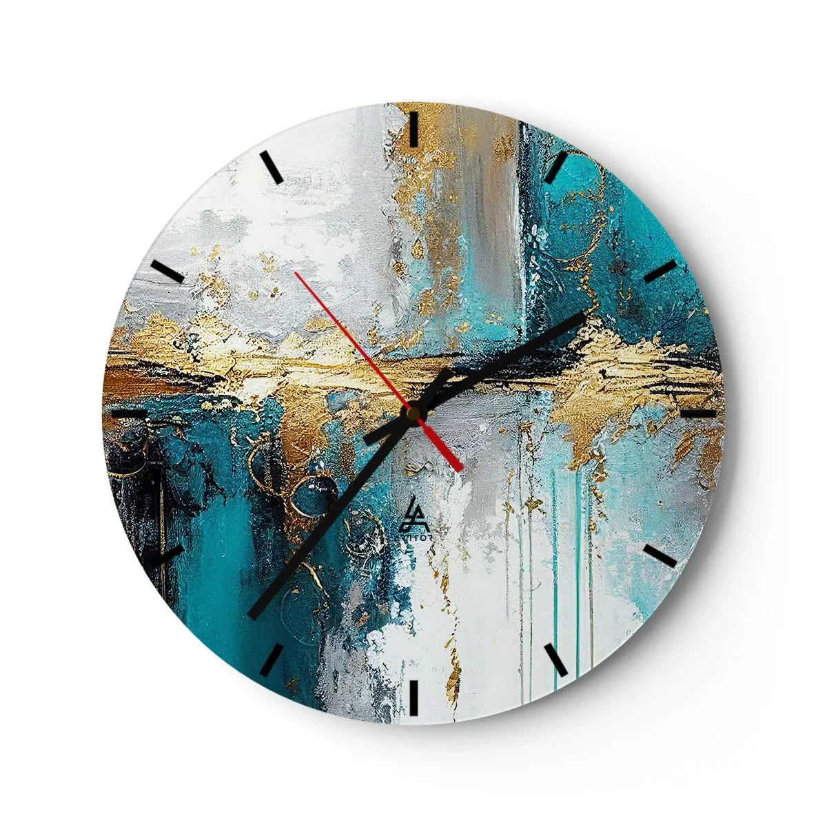 Nástěnné hodiny - Abstraktní tahy barvy v tyrkysové, bílé a zlaté barvě - 30x30cm - Všechno plyne - Moderní nástěnná dekorace do obývacího pokoje, kuchyně a ložnice ARTTOR