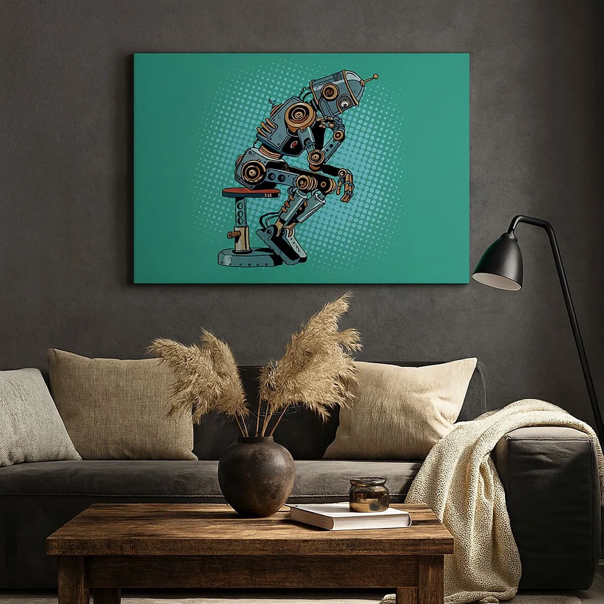 Obraz na plátně - Myslitel ve stylu pop artu robot na zeleném pozadí - 70x50cm - Nad podstatou bytí - Moderní nástěnná dekorace do obývacího pokoje a ložnice ARTTOR