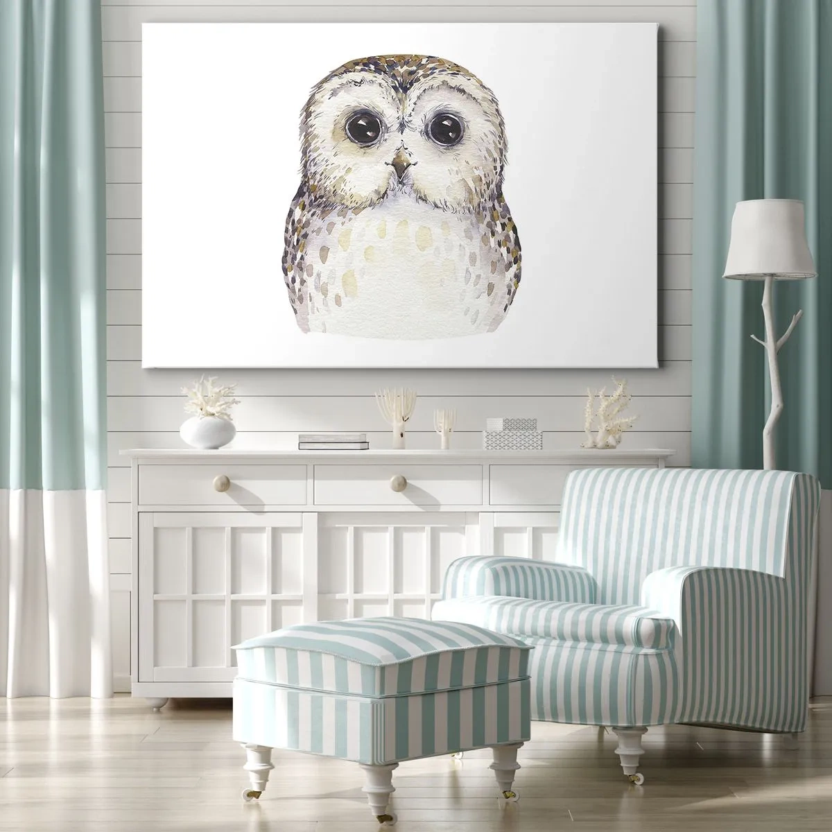 Obraz na plátně - Portrét sovy na světlém pozadí s jemnými barvami - 70x50cm - Podívej se mi do očí - Moderní nástěnná dekorace do obývacího pokoje a ložnice ARTTOR