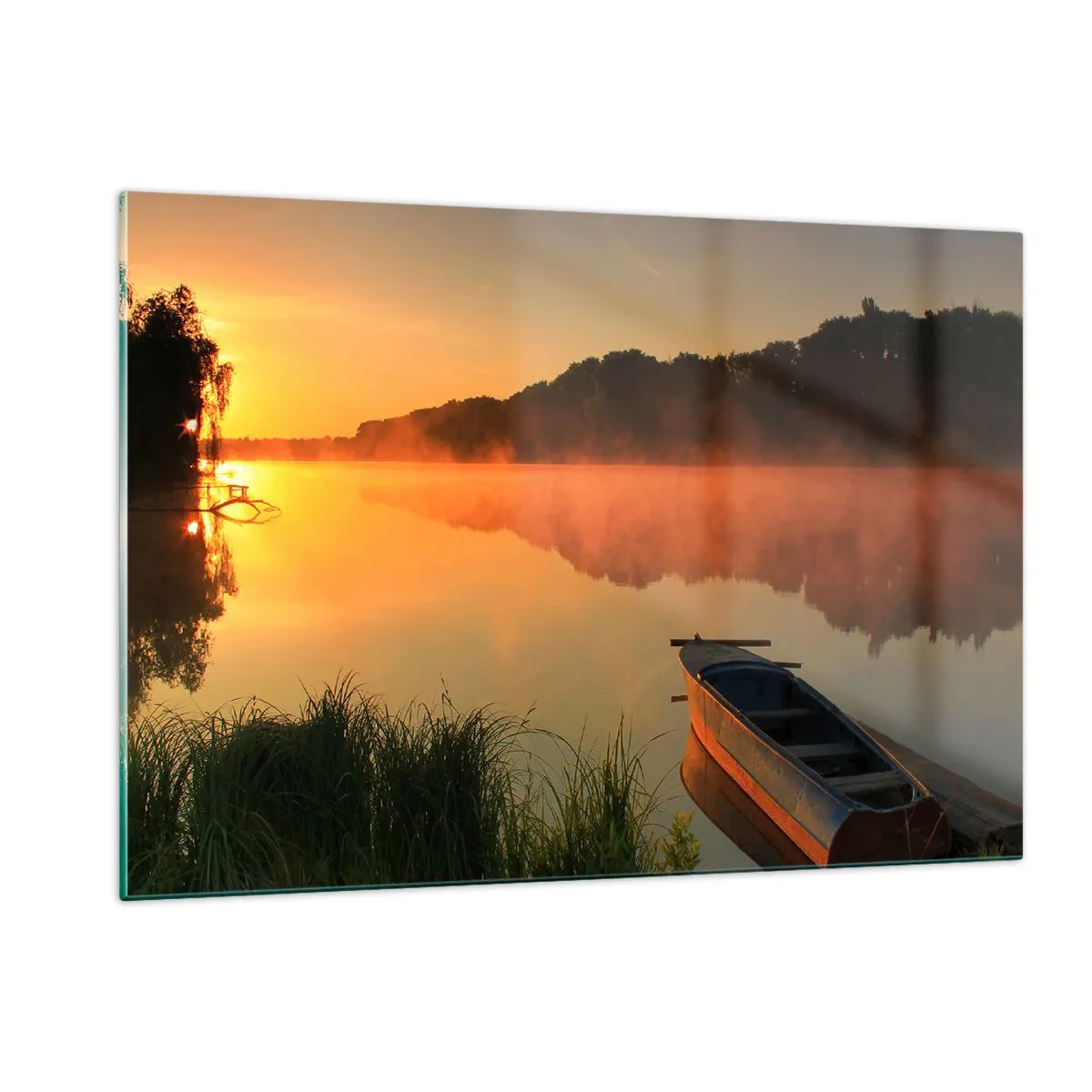 Obraz na skle - Východ slunce u vody jako povrch zrcadla - 120x80 cm