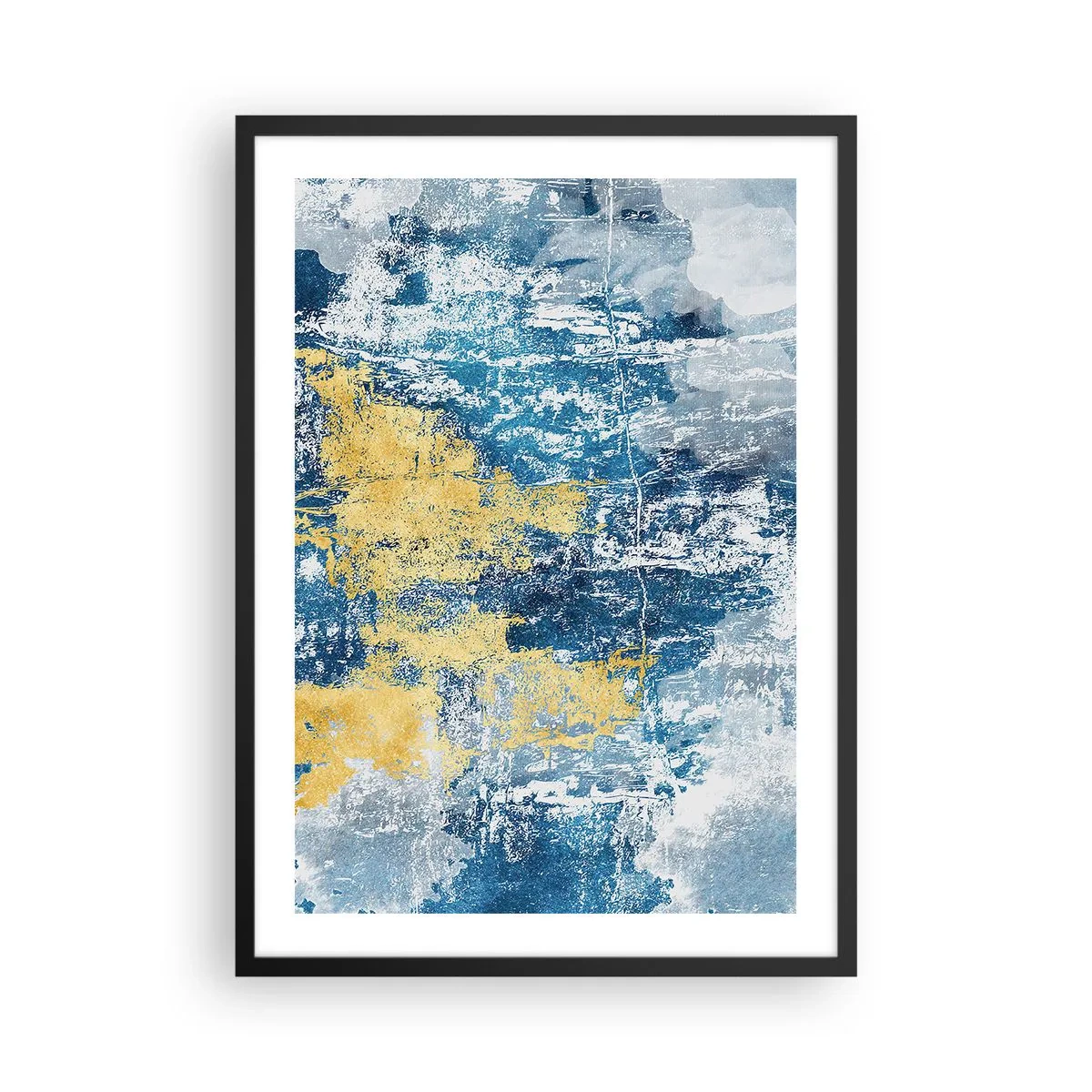 Plakát v černém rámu - Abstraktní kompozice modré a zlaté textury - 50x70cm - Abstrakce s dobrou náladou - Moderní nástěnná dekorace do obývacího pokoje a ložnice ARTTOR