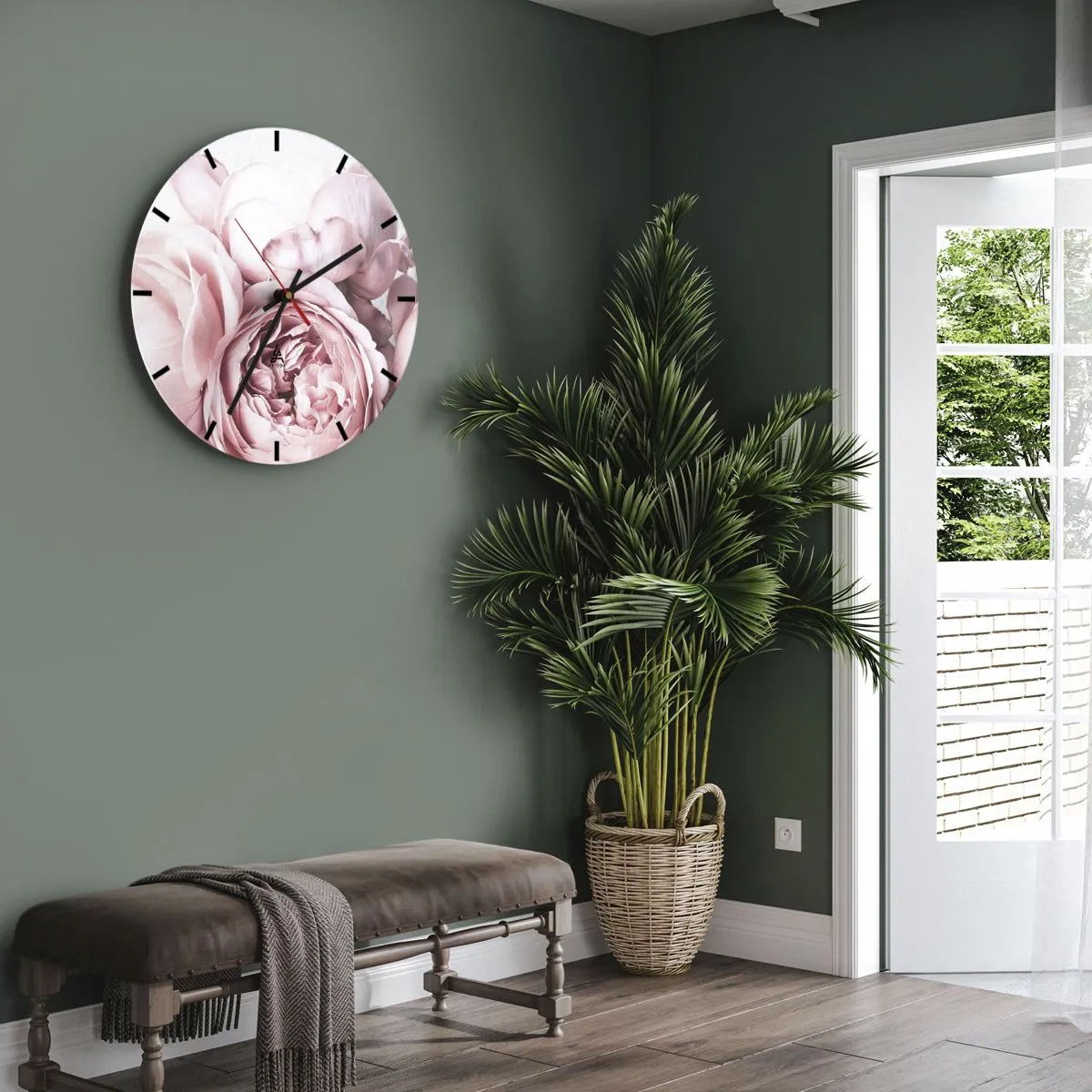 Nástěnné hodiny - Jemné růžové pivoňky v detailním záběru - 30x30cm - Pro romantiky - Moderní nástěnná dekorace do obývacího pokoje, kuchyně a ložnice ARTTOR