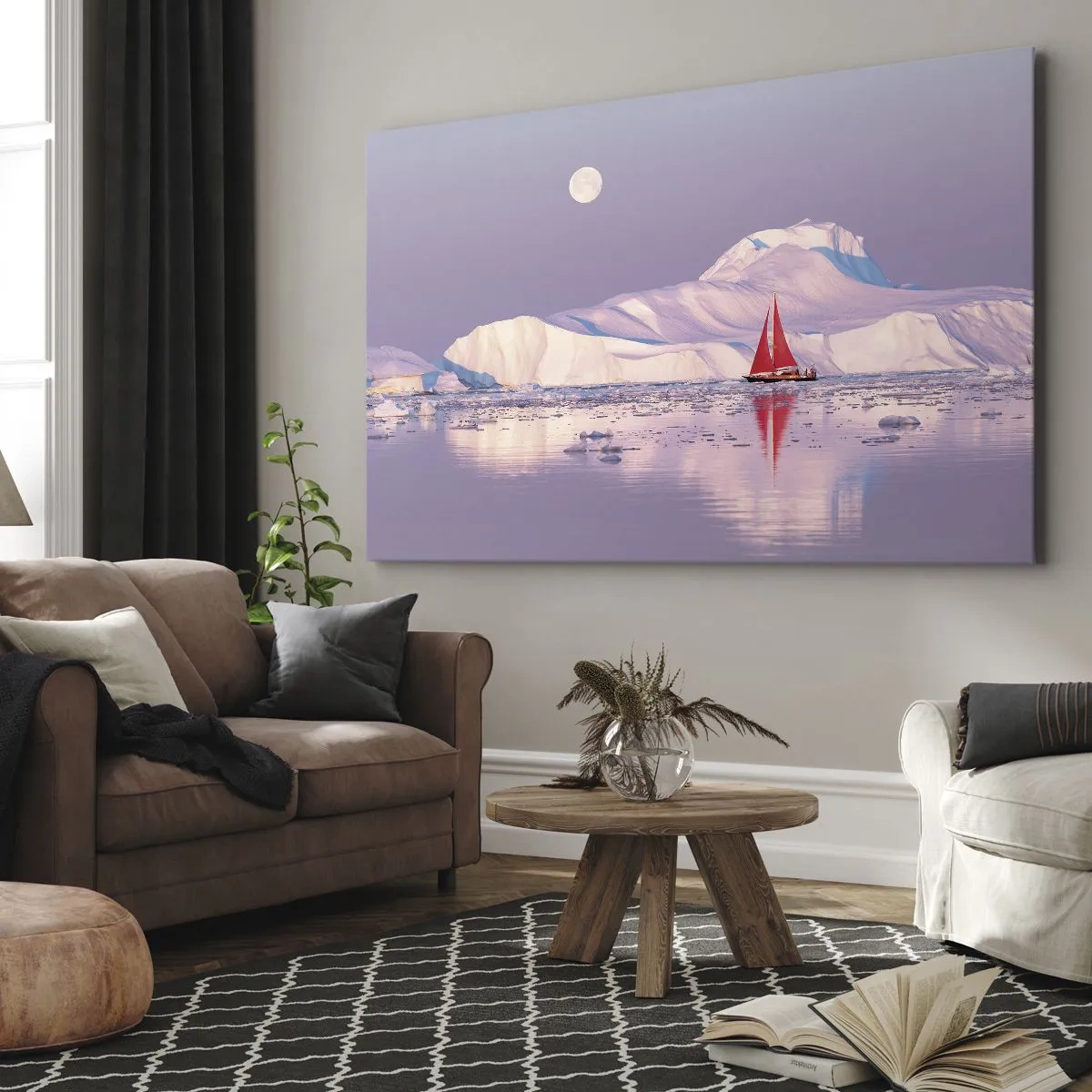 Obraz na plátně - Červená plachta na pozadí ledových hor a úplňku. - 70x50cm - Žár plachty, chlad ledu - Moderní nástěnná dekorace do obývacího pokoje a ložnice ARTTOR