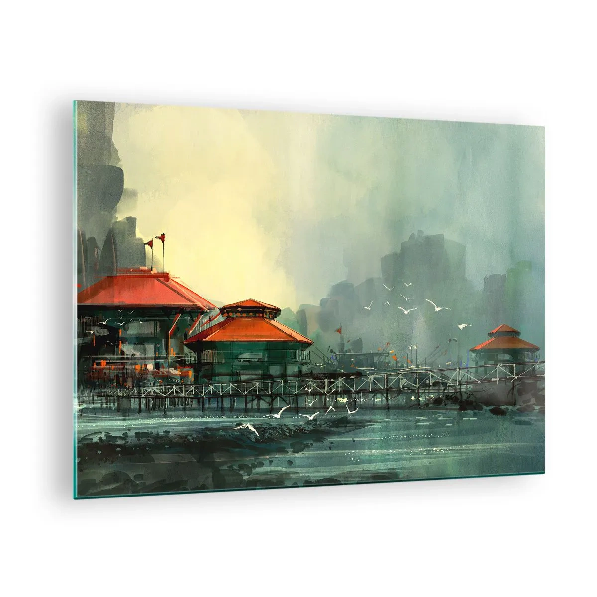 Obraz na skle - Přístavní budovy s červenými střechami proti mlze - 70x50cm - Slunečný den v přístavu - Moderní nástěnná dekorace do obývacího pokoje a ložnice ARTTOR