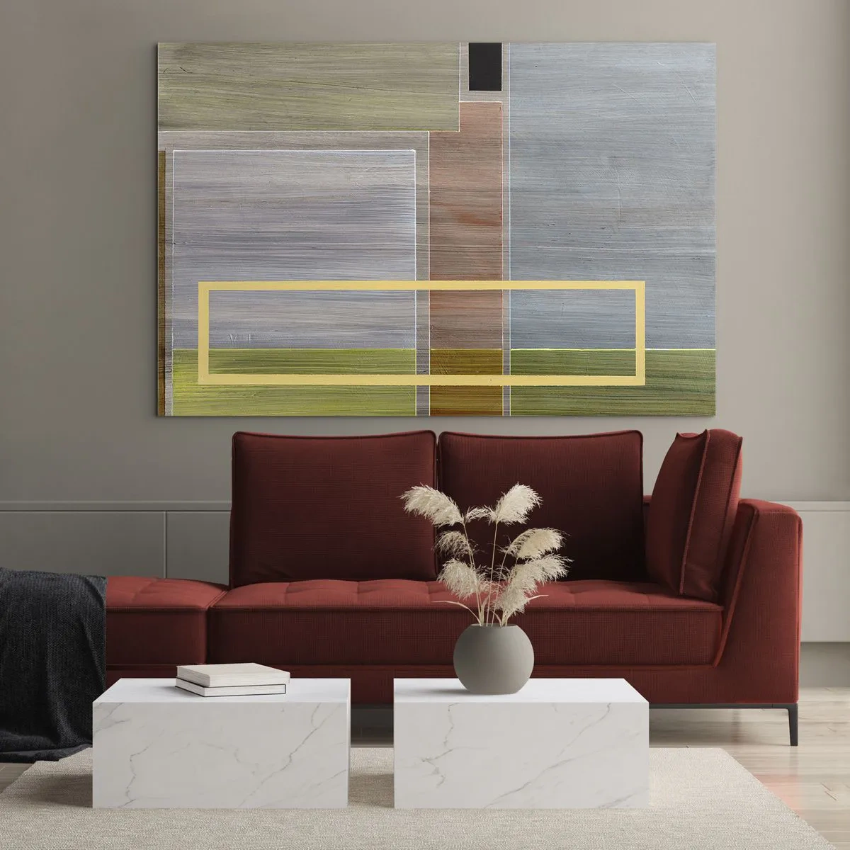 Obraz na skle - Moderní abstrakce s obdélníkovými tvary a zemitými barvami - 70x50cm - Jednoduše a v klidu - Moderní nástěnná dekorace do obývacího pokoje a ložnice ARTTOR