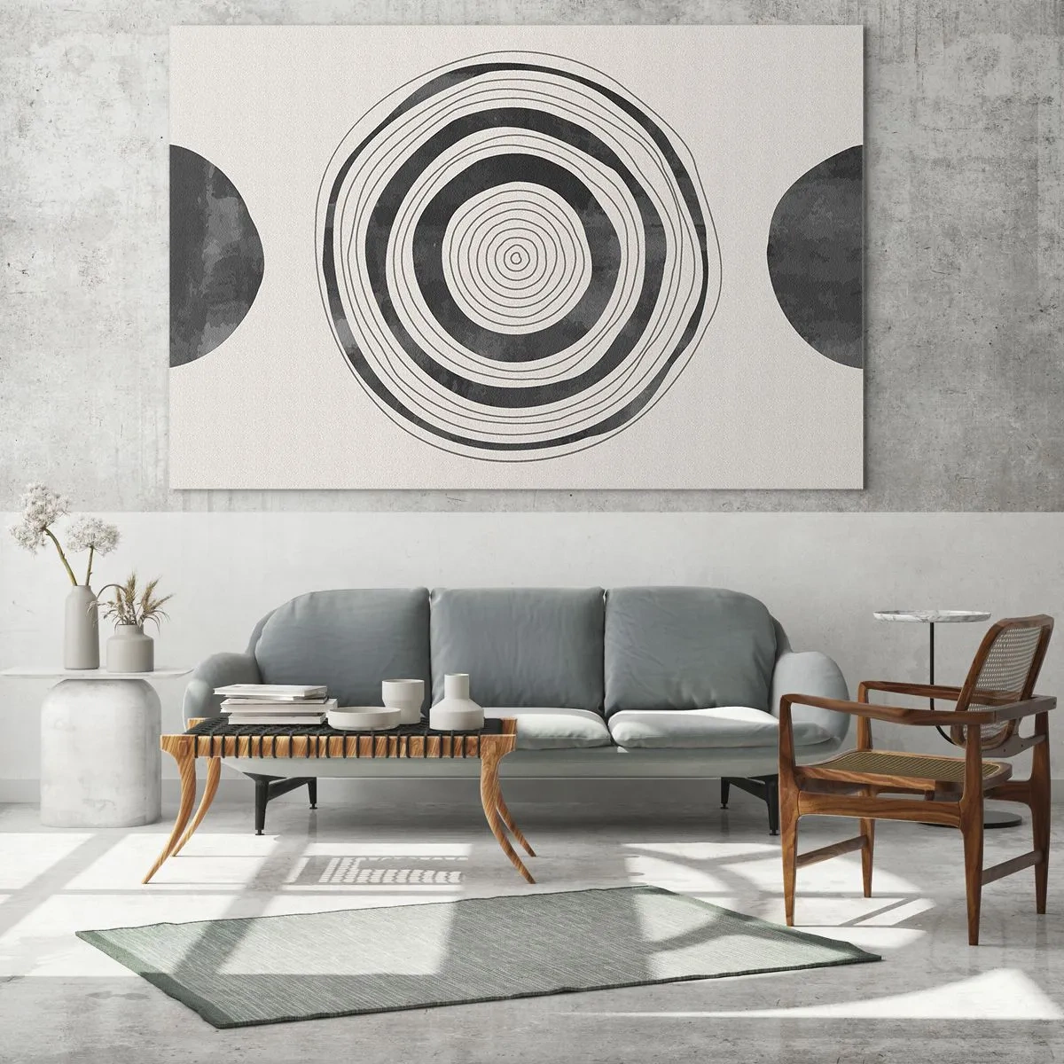 Obraz na skle - Černobílý abstraktní vzor se soustřednými kruhy - 70x50cm - Důležité je to, co je uprostřed - Moderní nástěnná dekorace do obývacího pokoje a ložnice ARTTOR