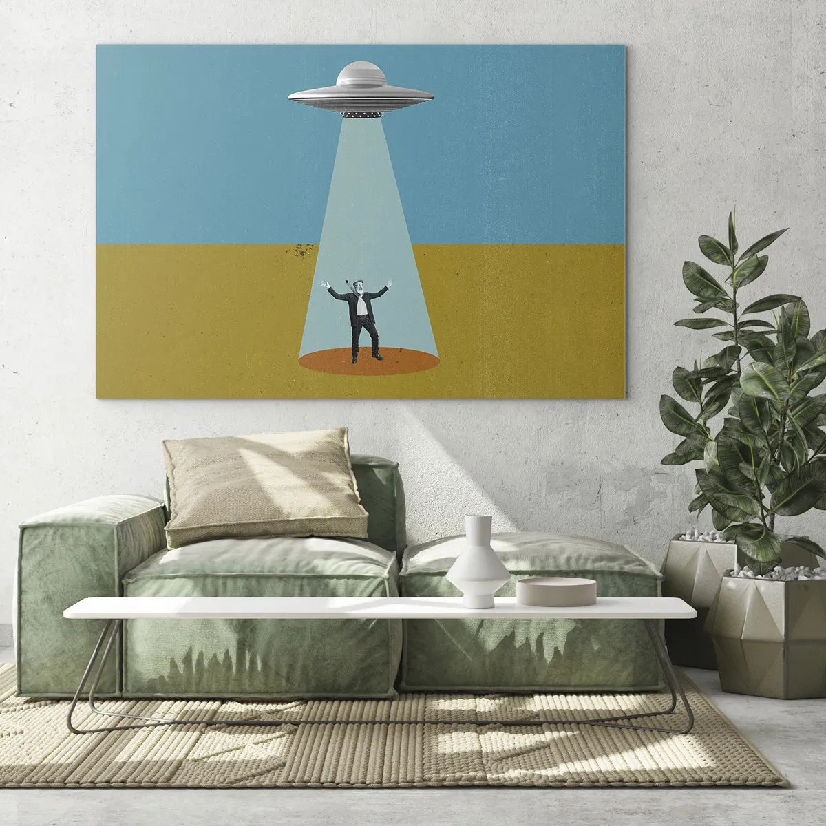 Obraz na skle - Muž ve světle vesmírného talíře na barevném pozadí - 70x50cm - Blízké setkání - Moderní nástěnná dekorace do obývacího pokoje a ložnice ARTTOR