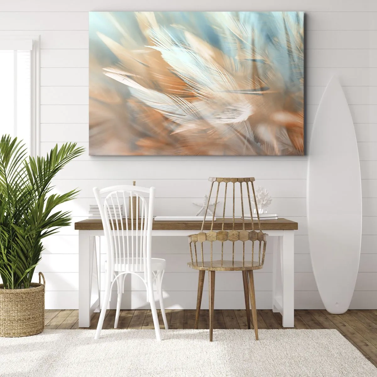 Obraz na plátně - Jemné peří v pastelových odstínech modré a oranžové - 70x50cm - V krajině něhy - Moderní nástěnná dekorace do obývacího pokoje a ložnice ARTTOR