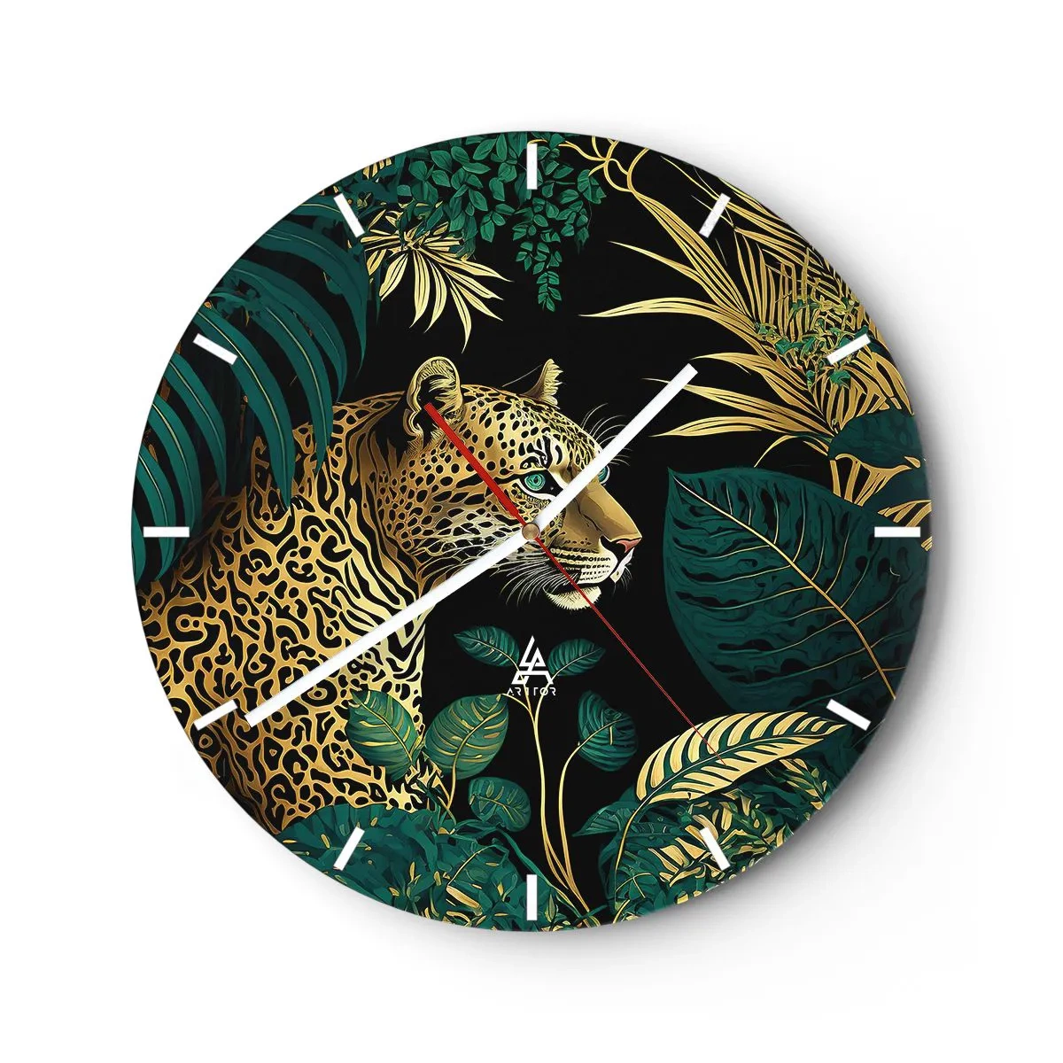 Nástěnné hodiny - Leopard mezi tropickými listy na černém pozadí - 30x30cm - Domácí v džungli - Moderní nástěnná dekorace do obývacího pokoje, kuchyně a ložnice ARTTOR