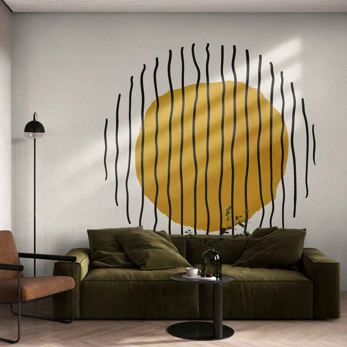 Fototapeta Standard Eco - Minimalistický design s hořčicově modrým kruhem a černými linkami. - 100x70cm - Abstrakce chvějící se žárem - Moderní nástěnná dekorace do obývacího pokoje a ložnice ARTTOR