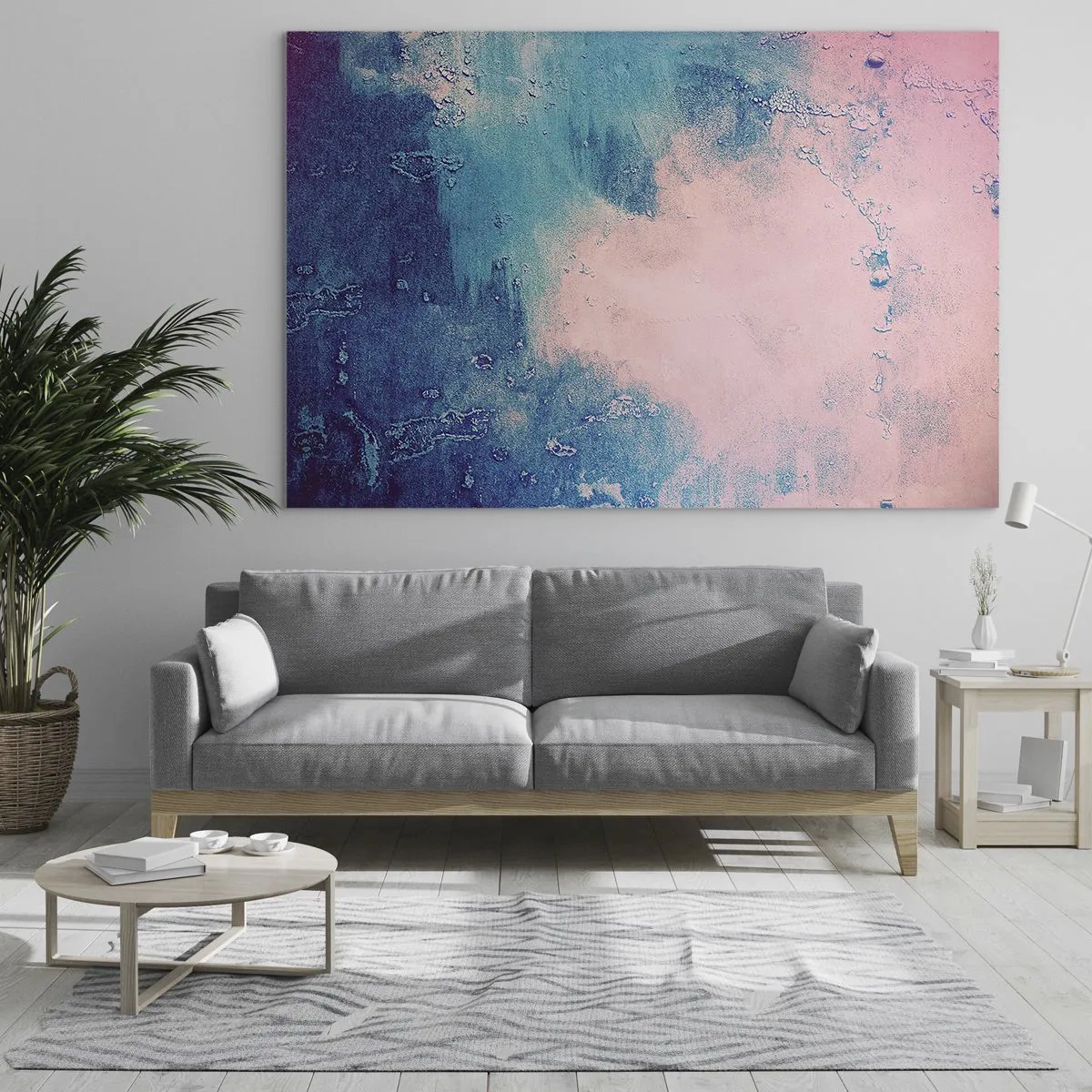 Obraz na skle - Abstraktní kombinace modré a pudrově růžové s texturou - 70x50cm - Modrá objetí - Moderní nástěnná dekorace do obývacího pokoje a ložnice ARTTOR