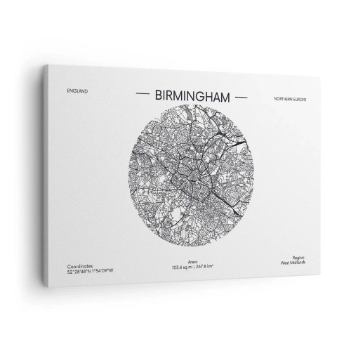Obraz na plátně - Minimalistická černobílá mapa Birminghamu s přesnými detaily. - 70x50cm - Anatomie Birminghamu - Moderní nástěnná dekorace do obývacího pokoje a ložnice ARTTOR