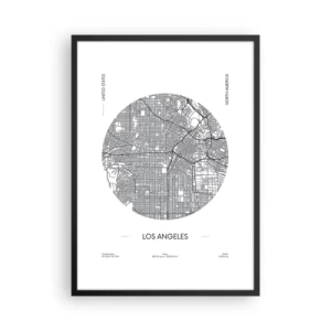 Plakát v černém rámu - Minimalistická mapa Los Angeles v černé a bílé barvě. - 50x70cm - Anatomie Los Angeles - Moderní nástěnná dekorace do obývacího pokoje a ložnice ARTTOR