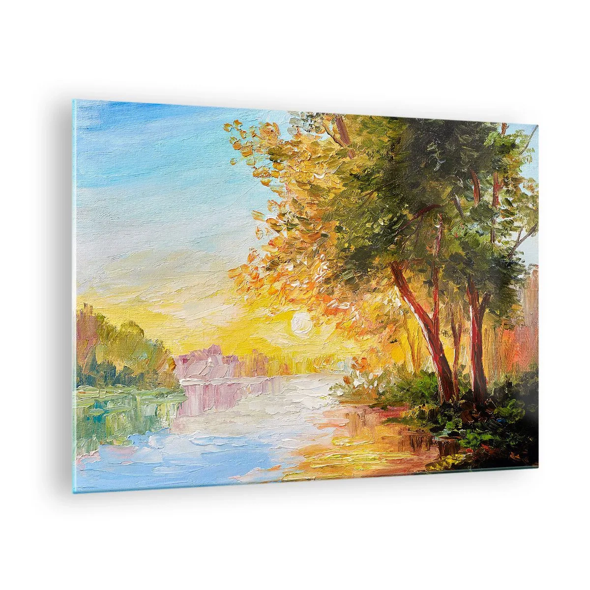 Obraz na skle - Jezero se stromy při západu slunce - 70x50cm - Et in Arcadia ego - Moderní nástěnná dekorace do obývacího pokoje a ložnice ARTTOR