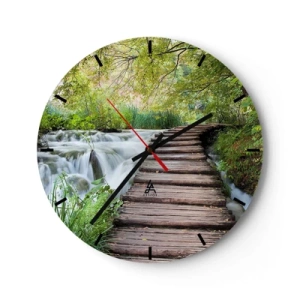Nástěnné hodiny - Dřevěný most přes vodopád obklopený zelení - 30x30cm - Voda není vůbec tichá - Moderní nástěnná dekorace do obývacího pokoje, kuchyně a ložnice ARTTOR