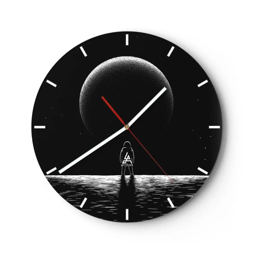 Nástěnné hodiny - Silueta astronauta před velkou planetou ve vesmíru - 30x30cm - Tváři v tvář - Moderní nástěnná dekorace do obývacího pokoje, kuchyně a ložnice ARTTOR