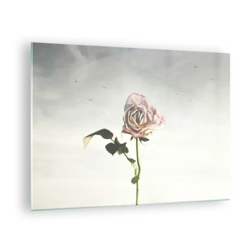 Obraz na skle - Křehká růže proti obloze s letícími ptáky - 70x50cm - Vítání jara - Moderní nástěnná dekorace do obývacího pokoje a ložnice ARTTOR