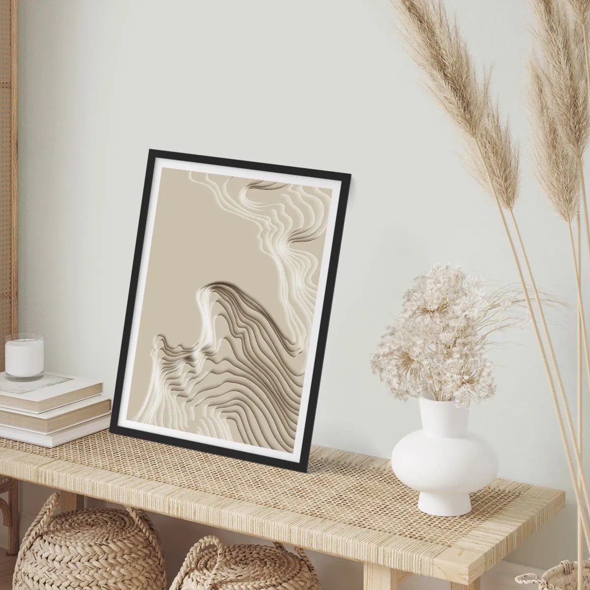 Plakát v černém rámu - Vrstvené vlny v odstínech béžové a hnědé - 50x70cm - Topografie umění - Moderní nástěnná dekorace do obývacího pokoje a ložnice ARTTOR